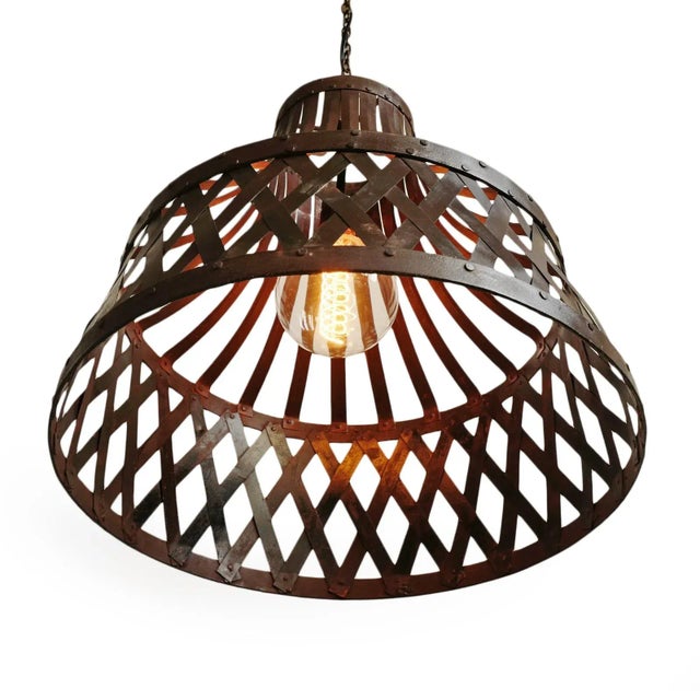 Vintage Iron Basket Strap Pendant Light For Sale - Image 4 of 11