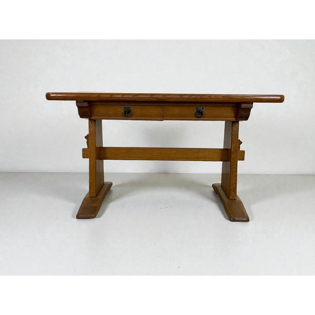 Mid-Century Modern Vintage Oak Writing Desk with Trestle Base, 1940s For Sale - Image 3 of 16