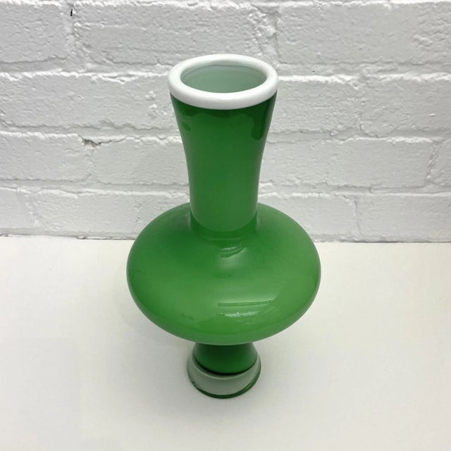 Modern Vintage Italian Glass Green, White and Clear Cased Glass Vase For Sale - Image 3 of 6