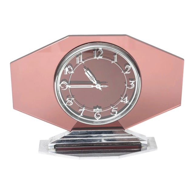 Original 1930's 8-Day Art Deco French Pink Glass Clock by