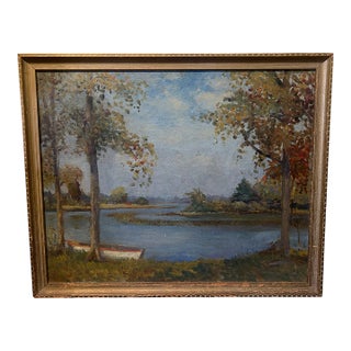 C. 1930s Impressionist Painting of Boat on Lake For Sale