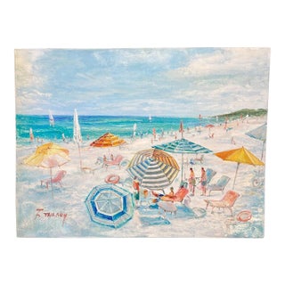 Original Beach Seascape Oil Painting – Colorful Umbrellas Coastal by Tailroy – 12" X 16" (Unstretched) For Sale