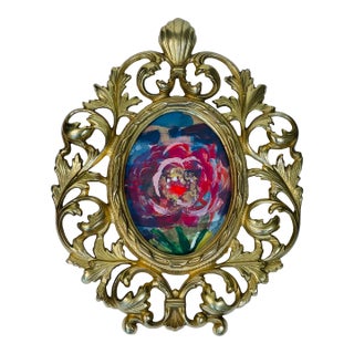 1970s Mini Abstract Floral Painting in Ornate Bronze Frame For Sale
