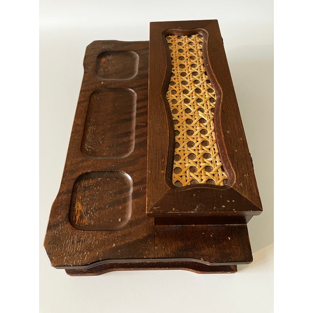 20th C. Mid-Century Modern Wooden Valet Jewelry Box With Woven Cane Top & Drawer For Sale In Milwaukee - Image 6 of 18