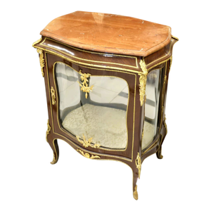 French Curio Display Cabinet With Marble Top, Glass Panels & Hand-Gilded Accents