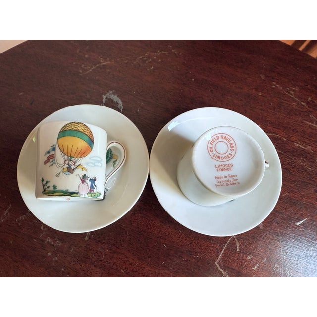 Mid 19th Century, Victorian Revival, Limoges France, Hot Air Balloon Demitasse Cup and Saucer - Pair For Sale - Image 11 of 11