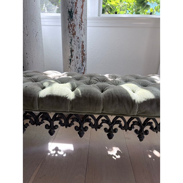Vintage Hollywood Regency Tufted Velvet Bench With Ornate Metal Base For Sale - Image 12 of 12