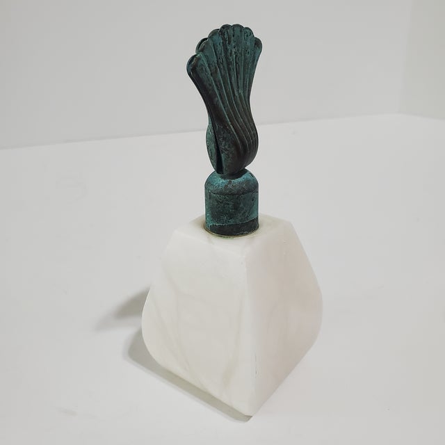 Metal 2 Vintage Art Deco Alabaster Perfume Bottles Metal Lion Head Motif Made in Italy For Sale - Image 7 of 8