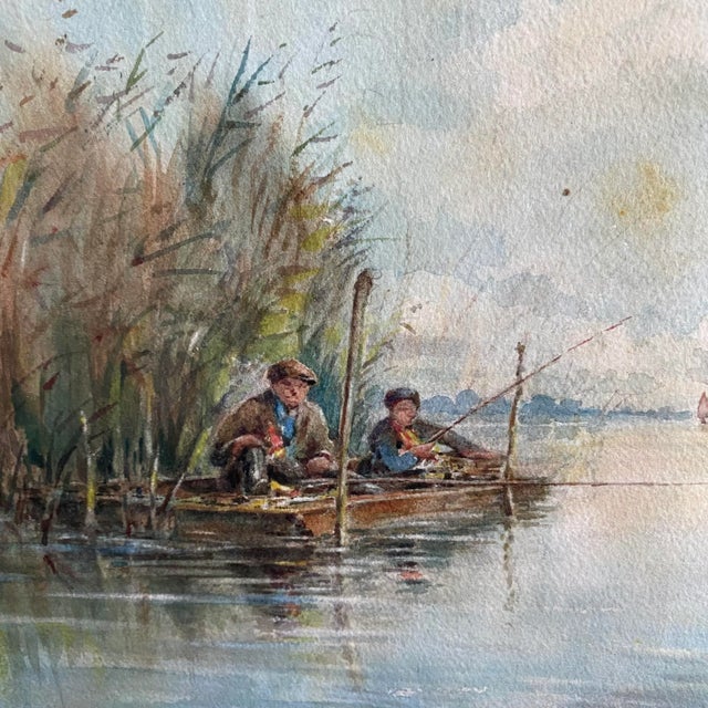 Impressionist Listed British Artist Bernard Harper Wiles 1883-1966 - Signed Framed Watercolor Painting of Men Fishing For Sale - Image 3 of 12