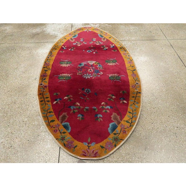 Galerie Shabab Collection Oval Mid-20th Century Handmade Chinese Art Deco Accent Rug in Red and Goldenrod For Sale - Image 4 of 9