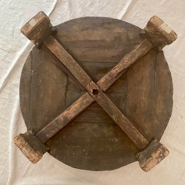 Large Antique Grinder Tribal Teak Hand Carved Wood Chakki Table or Ottoman For Sale - Image 12 of 12