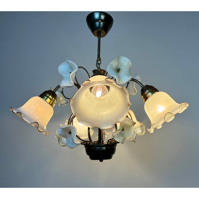 Gold Vintage 1980s Floral Glass Chandelier – 5 Light Rustic Gold Ceiling Fixture For Sale - Image 8 of 15