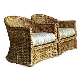 Vintage Boho Braided Rattan Lounge Chairs - A Pair For Sale