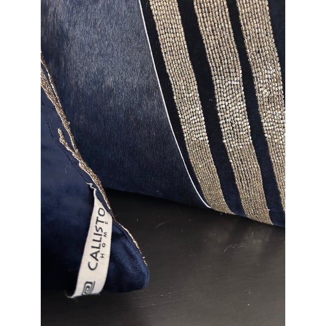Contemporary 22" Callisto Home Beaded Hair-on-Hide and Navy Velvet Pillows - A Pair For Sale - Image 3 of 6