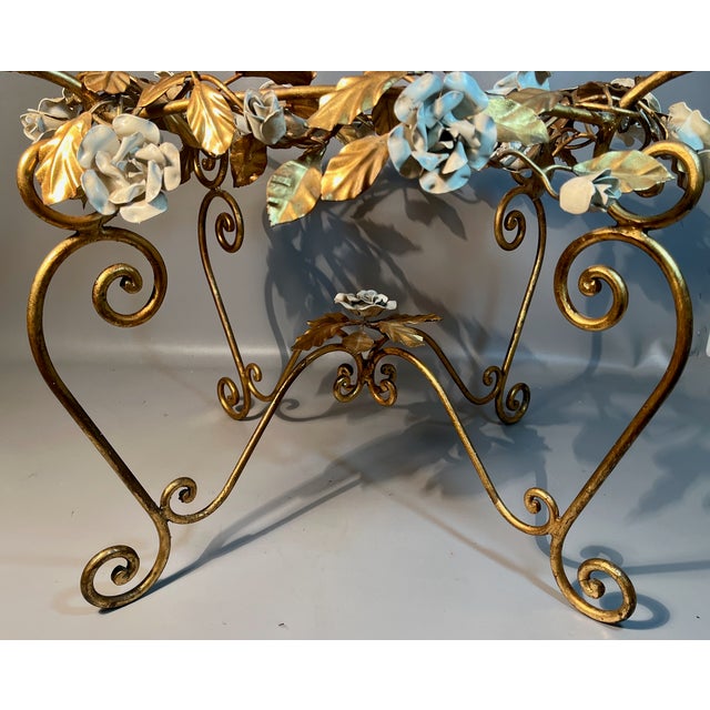 Gilt Table With 24 Tole White Roses & Leaves Glass Top Italian Hollywood Regency For Sale In Providence - Image 6 of 9