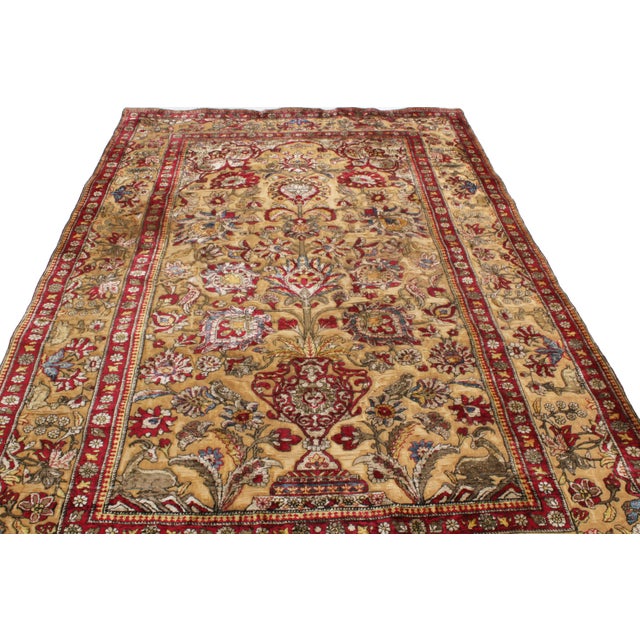 1910s Antique Kashan Burgundy and Golden-Beige Silk Persian Rug For Sale - Image 5 of 7