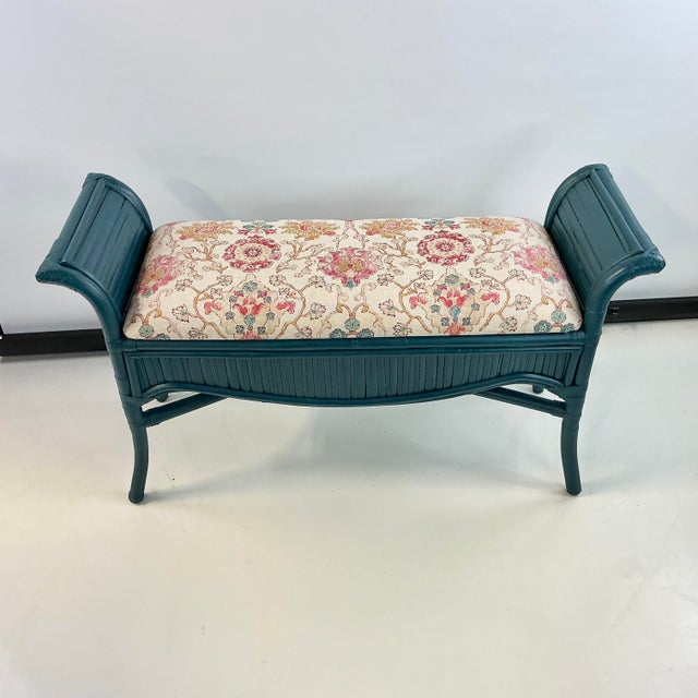 Mid-Century Boho Chic Coastal Bamboo Bench - Newly Upholstered Ikat Linen For Sale - Image 6 of 18