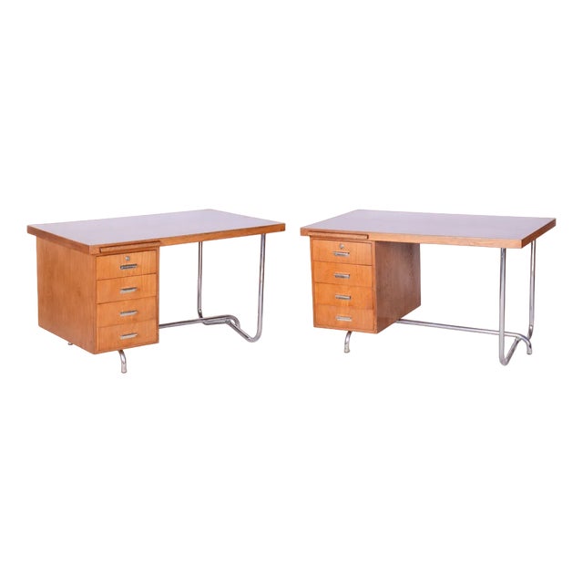 Oak & Chrome Writing Desks by Hynek Gottwald, Czechia, 1930s, Set of 2 For Sale