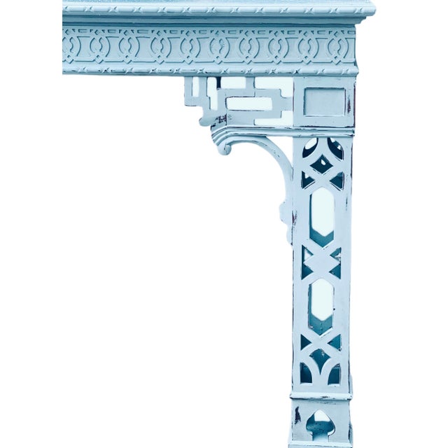 1960s Chinese Chippendale Table Lattice Legs Painted Pale Blue For Sale - Image 9 of 11