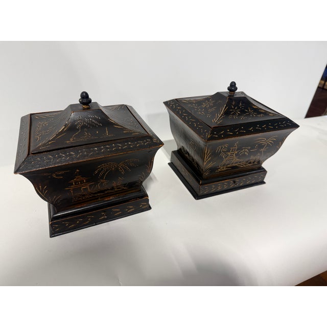 Pair, Japanned Chinoiserie Tea Caddies W/ Sifter Drawers, English C. 1830 For Sale In Providence - Image 6 of 12