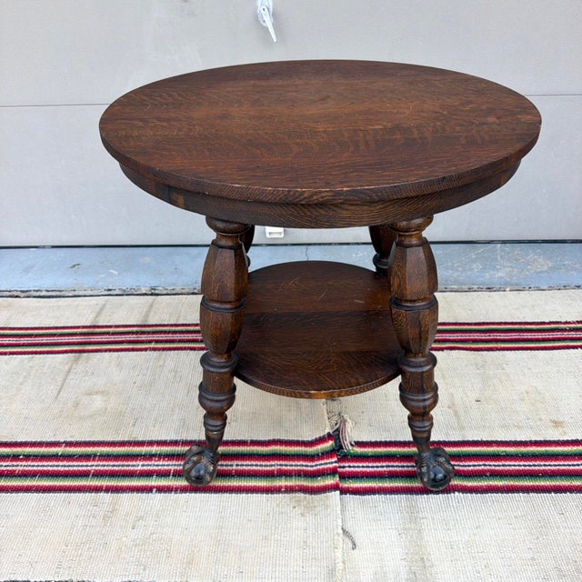 Antique Quartersawn Oak Round Tabouret Table With Glass Ball & Claw Feet For Sale - Image 14 of 18