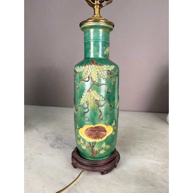 Ceramic 19th Century Chinese Floral Relief Pottery Table Lamp For Sale - Image 7 of 9