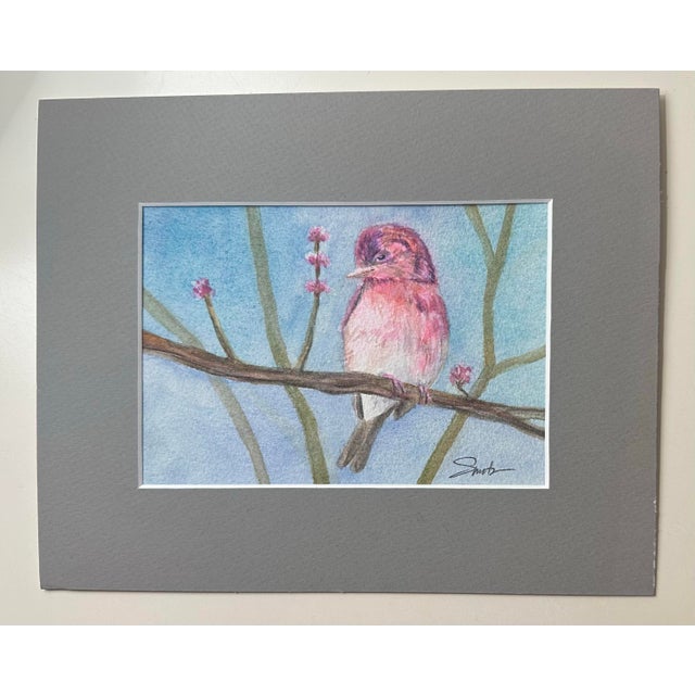 A charming watercolor of a pink songbird perched among delicate blossoms against a soft blue sky. The gentle layering of...