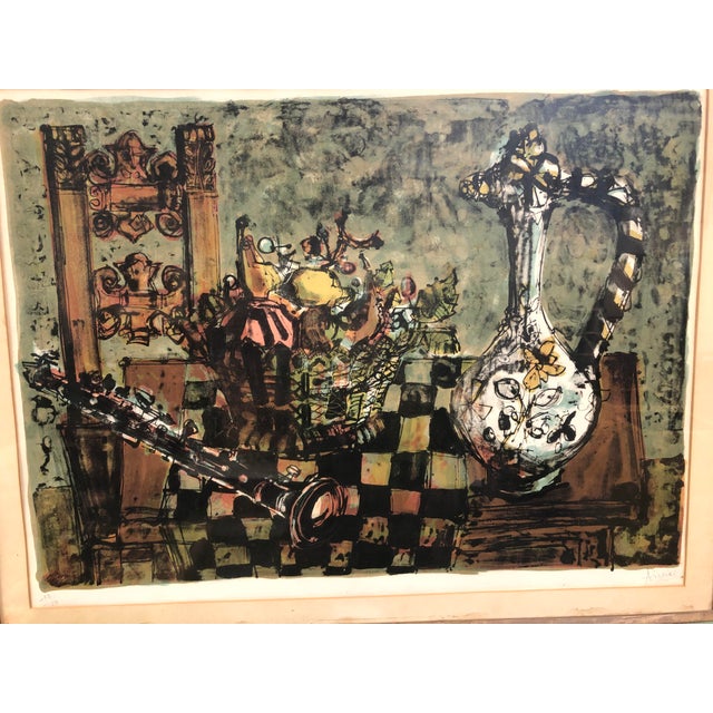 Paul Aizpiri (b. 1919 French) Still Life lithograph of interior table setting with chair, fruit basket, water pitcher and...