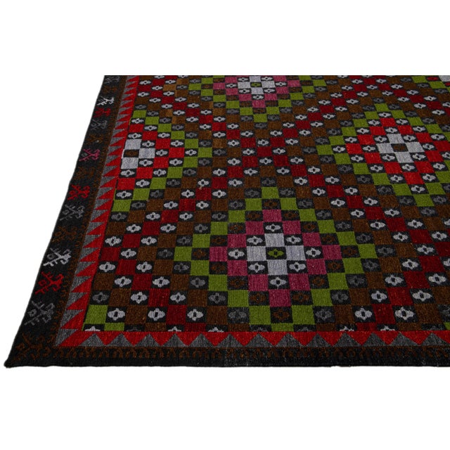 Brown Modern Soumak Handmade Multicolor Geometric Designed Wool Rug For Sale - Image 4 of 11