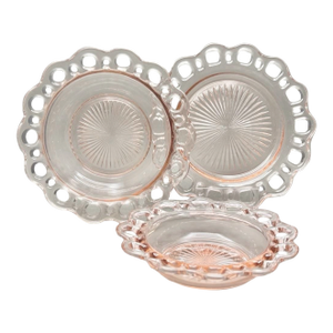 Vintage Pink Anchor Hocking “Old Colony” Lace Edge 3 Piece Serving Set