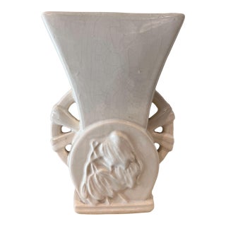 Vintage McCoy Pottery White Vase With Flowers and Handles For Sale