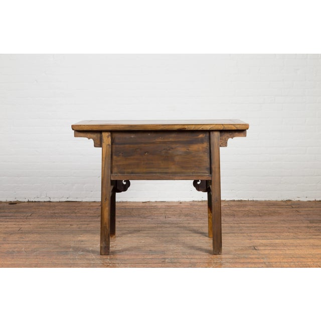Chinese 19th Century Qing Dynasty Elm Table with Carved Spandrels and Drawers For Sale - Image 11 of 12