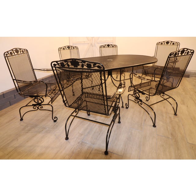 Black Rare Vintage Scroll Footed Wrought Iron Family Patio Set Six Chairs and Table, Attributed For Sale - Image 8 of 15