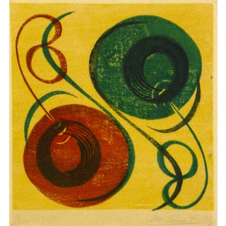Mid-Century Modern Abstract Woodblock Print, 1969 For Sale