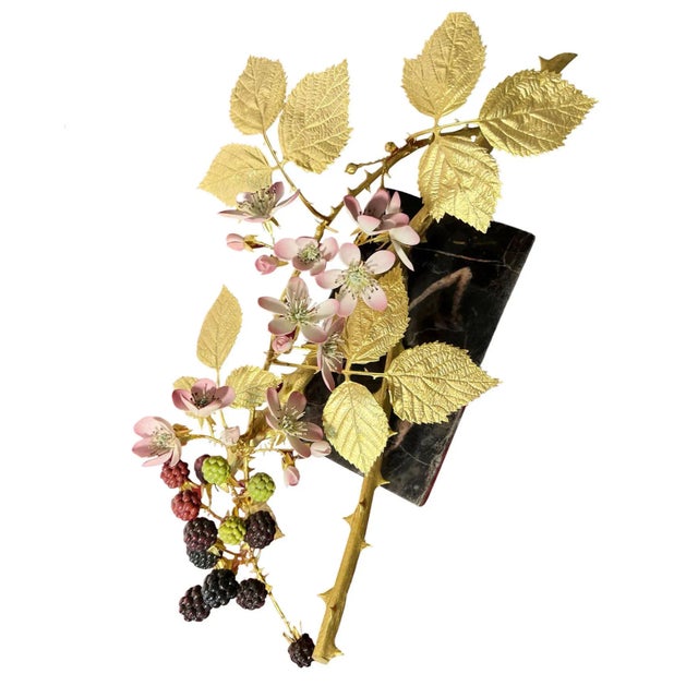 R. Van Ruyckevelt, St. Denis gilded and decorated porcelain sculpture of a black raspberry branch. Set on a rectangular...