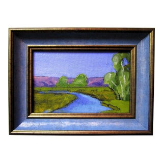 Framed Field Stream Lynne French 4x6 Landscape Oil Painting For Sale