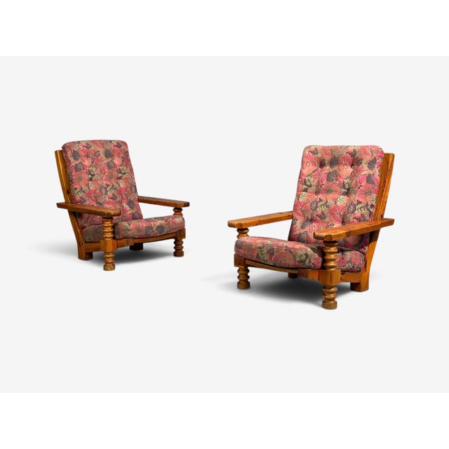 Mid-Century Modern Collden, Brutalist Lounge Chairs, Pine, Fabric, Sweden, 1970s For Sale - Image 3 of 11