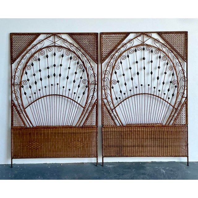 Late 20th Century Vintage Boho Woven Rattan Twin Headboards - A Pair For Sale - Image 5 of 10