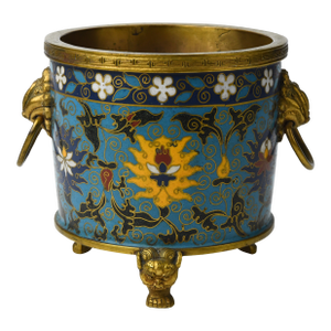 19th Century Qing Dynasty Chinese Cloisonne Enamel Flower Lion Censor With Ming Jingtai Mark