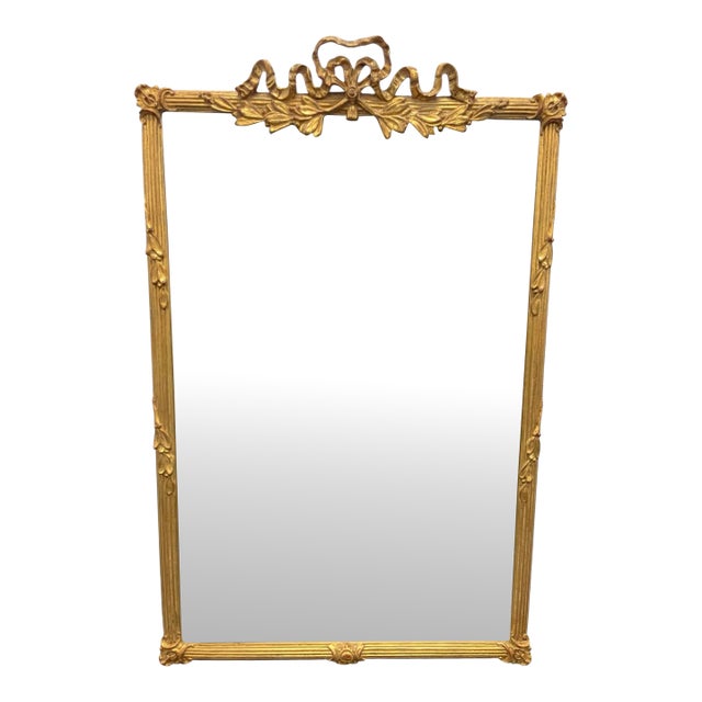 Vintage Carvers’ Guild Old Gold Leaf Beveled Wall Mirror With Ribbon Crest, 40.75” For Sale