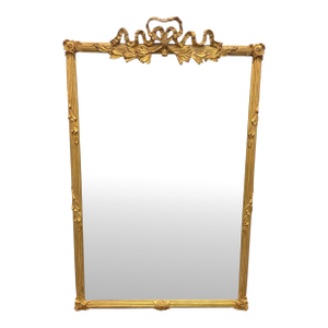 Vintage Carvers’ Guild Old Gold Leaf Beveled Wall Mirror With Ribbon Crest, 40.75”