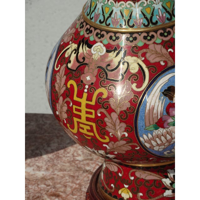 Vintage Asian Chinoiserie Cloisonne Red Table Lamps - a Pair For Sale - Image 15 of 15