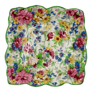 1930s Art Deco Royal Winton "Summertime" Cintz Ascot Shape Sweet Meat Dish-Green Trim For Sale