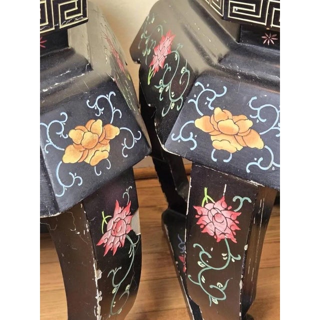 Chinese Pair of Vintage Chinese Black Lacquer Hand-Painted Stools or Side Tables For Sale - Image 3 of 12