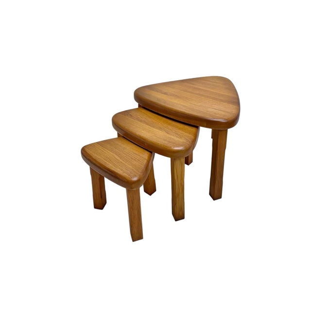 Triangular Oak Nesting Tables by Pierre Chapo, 1970s, Set of 3 For Sale - Image 10 of 10