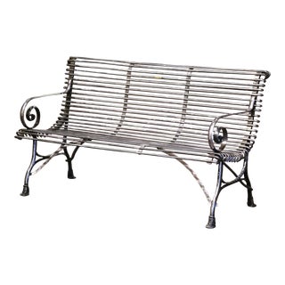 French Polished Iron Three-Seat Bench With Scrolled Arms Signed Sauveur Arras For Sale