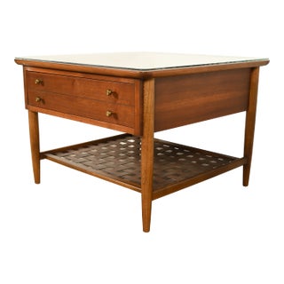 Paul McCobb Style Mid-Century Modern Walnut and Woven Shelf End Table by Lane, Circa 1960s For Sale