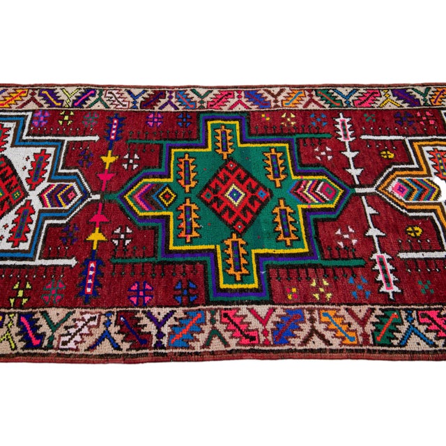 Red Vintage Turkish Handmade Multicolor Tribal Pattern Wool Runner For Sale - Image 10 of 11