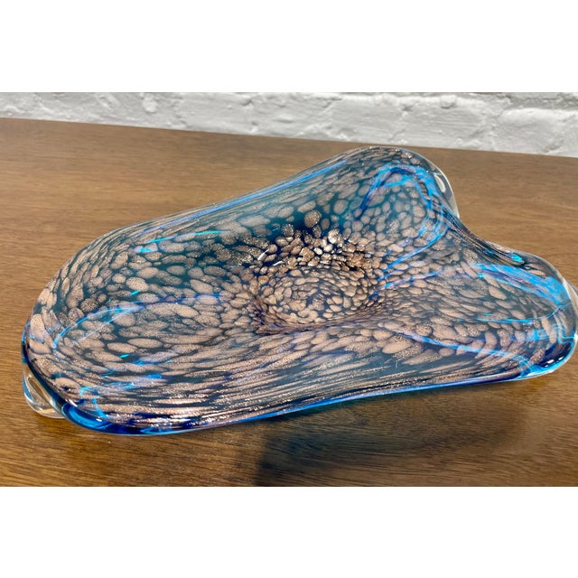 Mid-Century Modern Hand-Blown Blue Art Glass Candy Dish With Copper Inclusions | Sculptural Modern Glass Bowl | Mid Century Modern Decor Accent, C. 1960's For Sale - Image 3 of 11