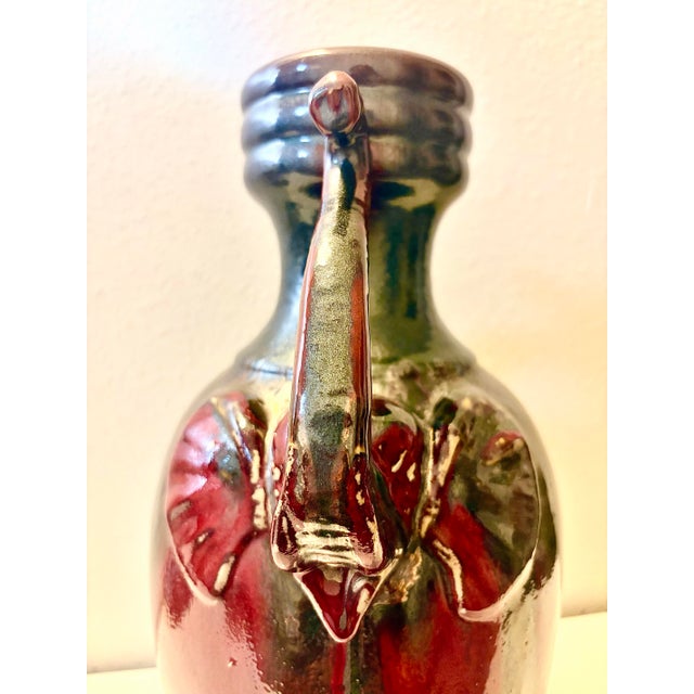 Vintage Oxblood Amphora Vase, Art Deco Red Elephant Handle, Cobalt Drip Glaze For Sale - Image 10 of 12